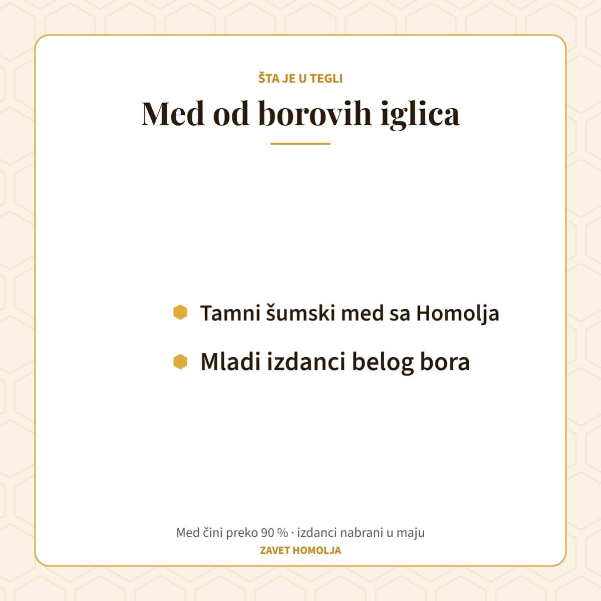 Sastav: tamni šumski med sa Homolja, mladi izdanci belog bora — Med od borovih iglica