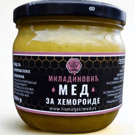 Med za hemoroide — biljna mešavina sa nevenom i bokvicom u staklenoj tegli