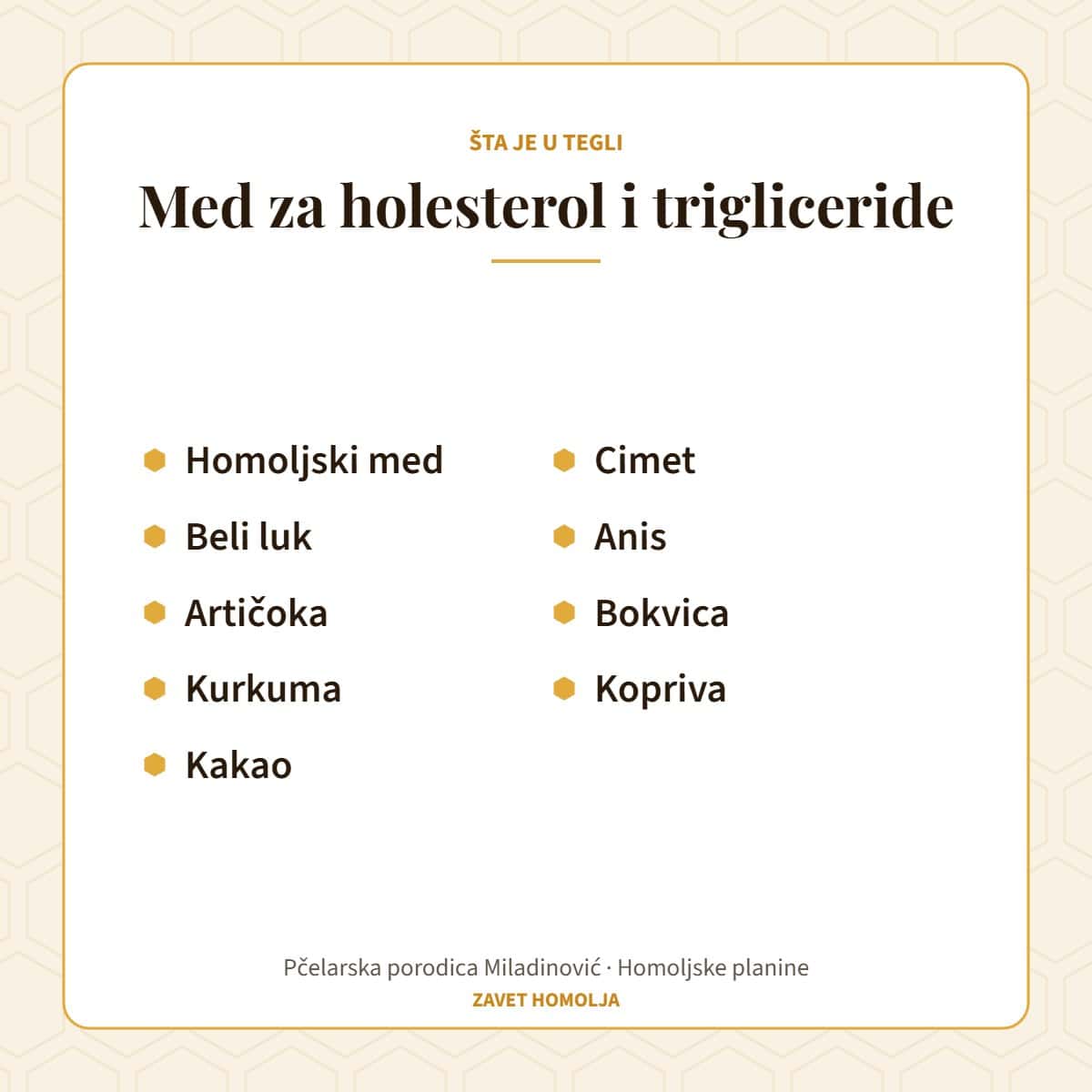 Sastav: homoljski med, beli luk, artičoka, kurkuma, kakao, cimet, anis, bokvica, kopriva — Med za holesterol i trigliceride