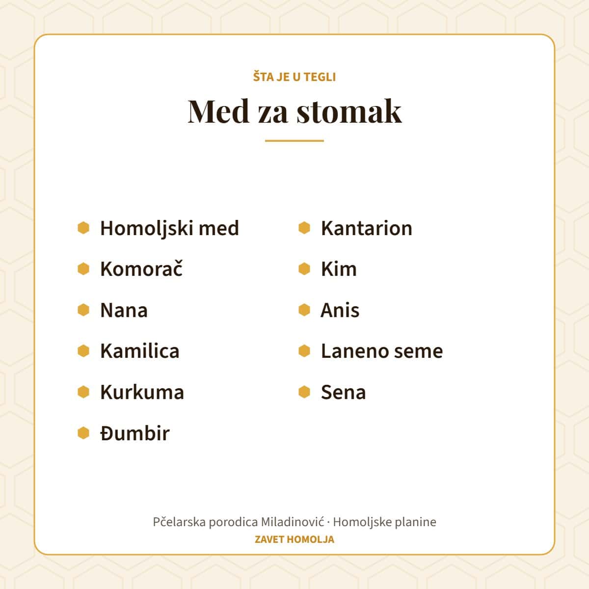 Sastav: homoljski med, komorač, nana, kamilica, kurkuma, đumbir, kantarion, kim, anis, laneno seme, sena — Med za stomak