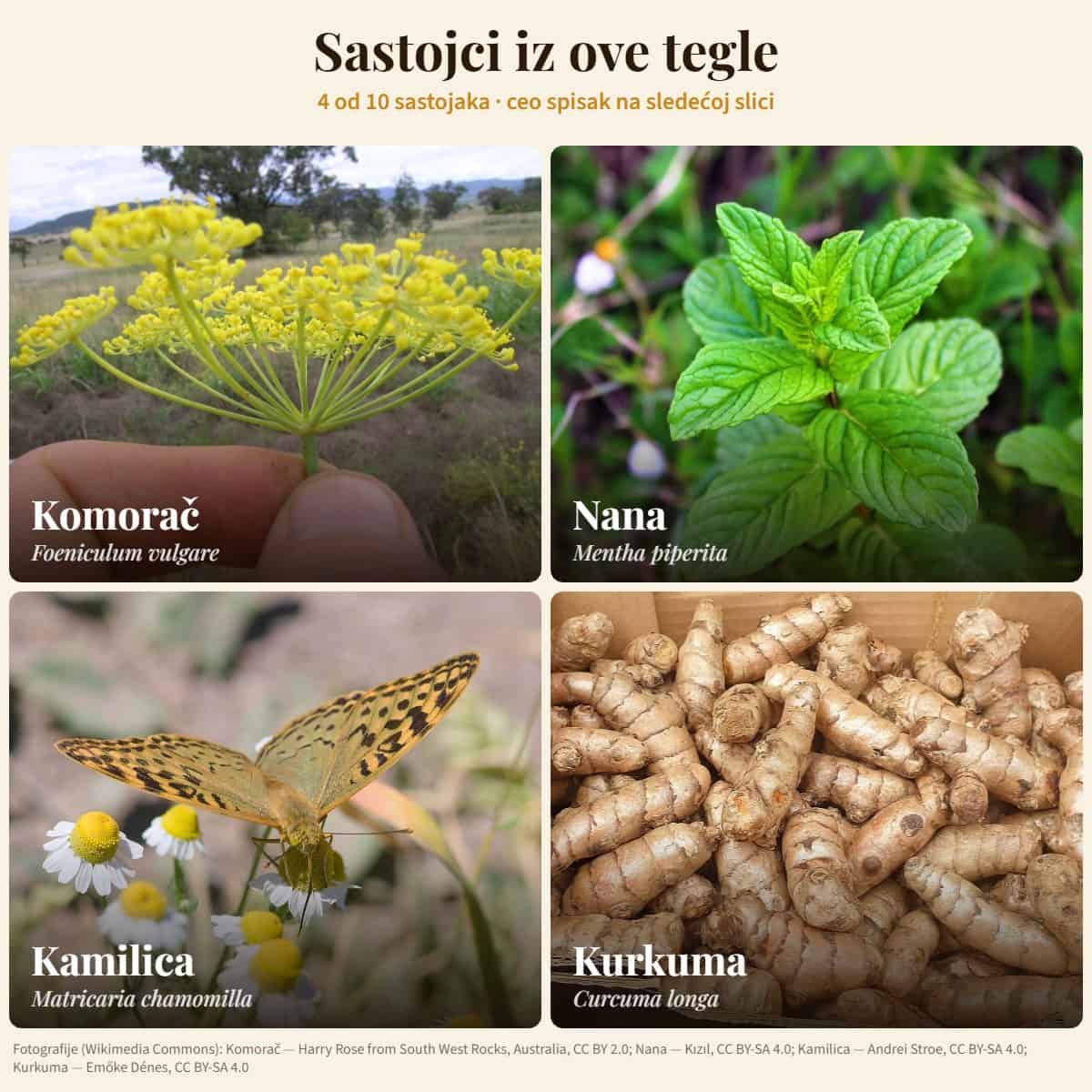 Sastojci: Komorač, Nana, Kamilica, Kurkuma — Med za stomak