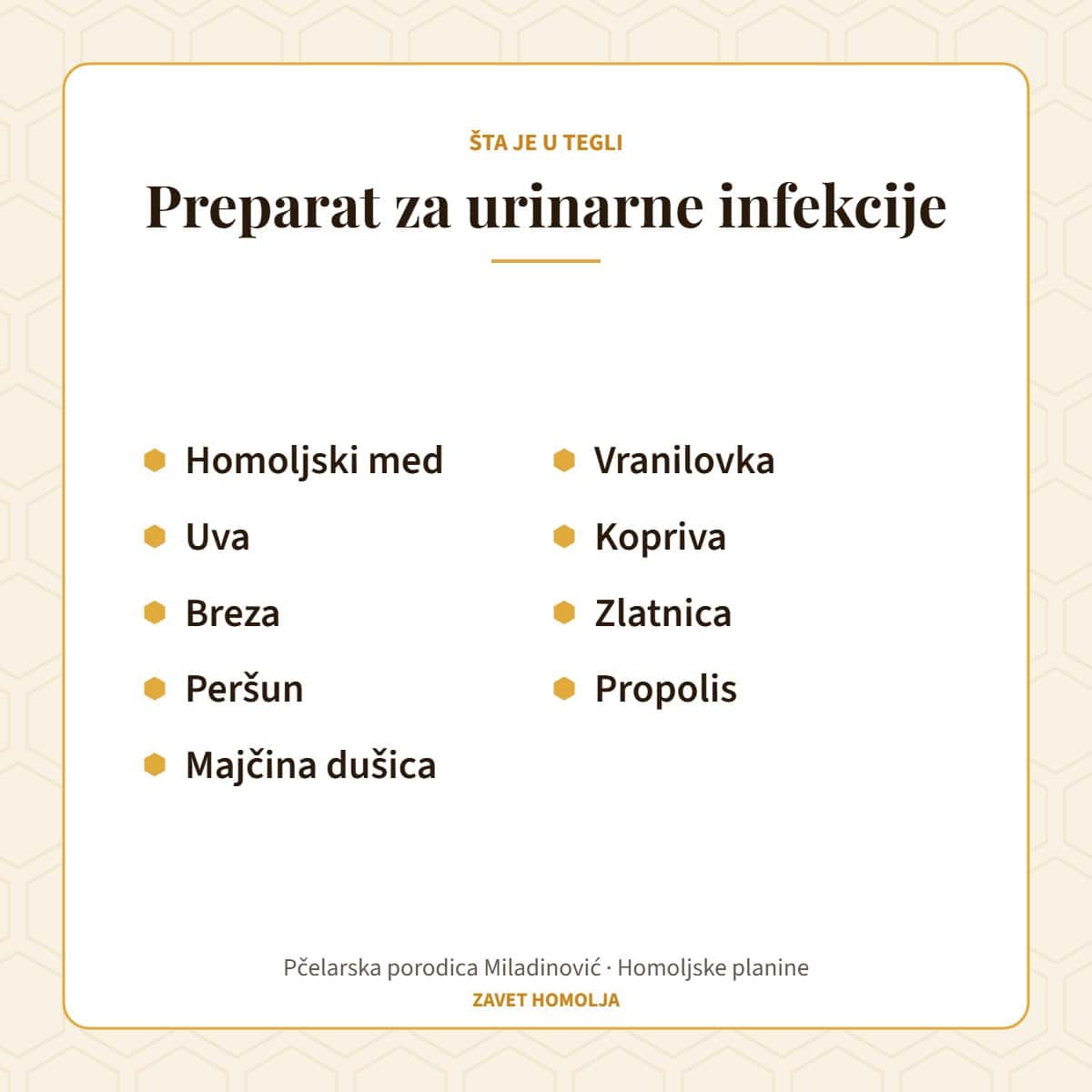 Sastav: homoljski med, uva, breza, peršun, majčina dušica, vranilovka, kopriva, zlatnica, propolis — Preparat za urinarne infekcije