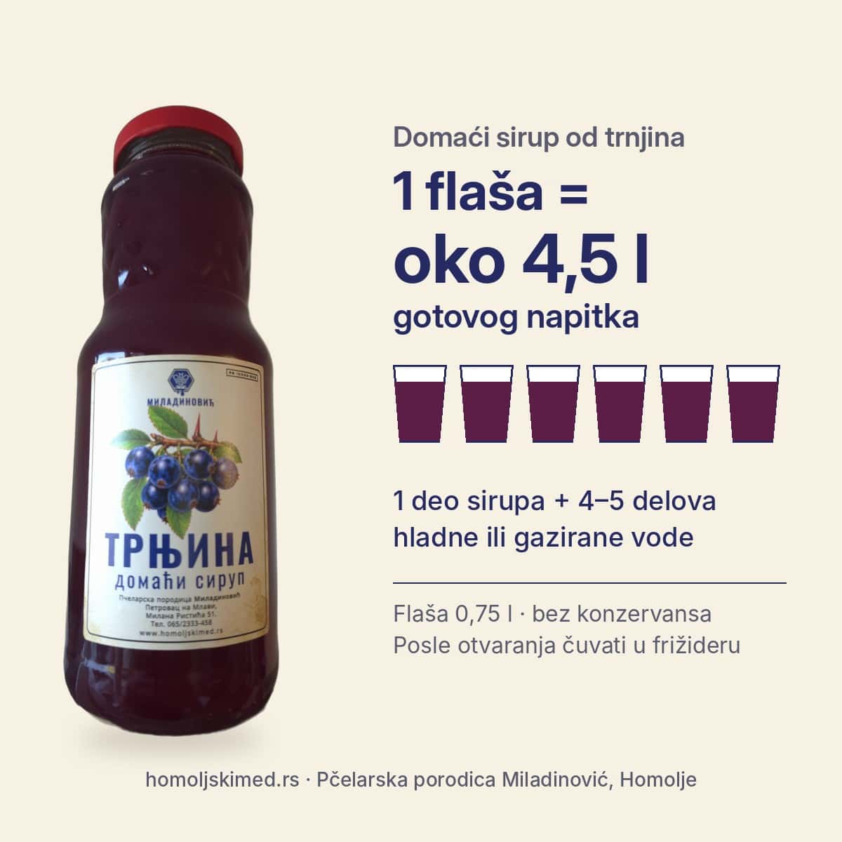 Sok od trnjina: jedna flaša sirupa od 0,75 l daje oko 4,5 l napitka, razblaženo 1 prema 4–5