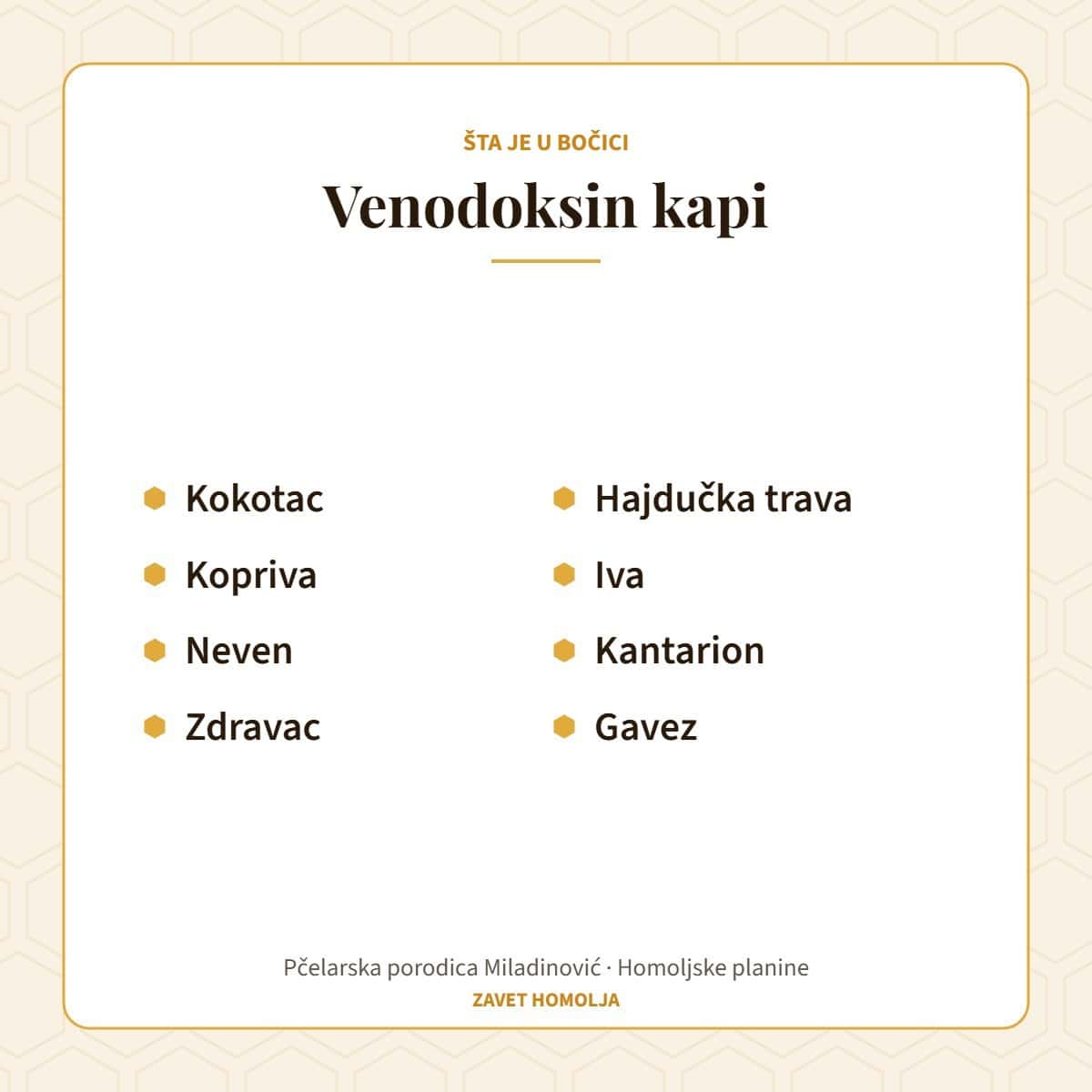 Sastav: kokotac, kopriva, neven, zdravac, hajdučka trava, iva, kantarion, gavez — Venodoksin kapi